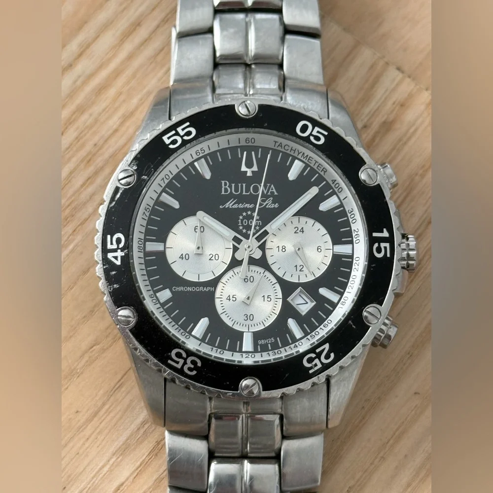 Bulova Marine Star Chronograph Watch Black Silver Dial Stainless Bracelet Date